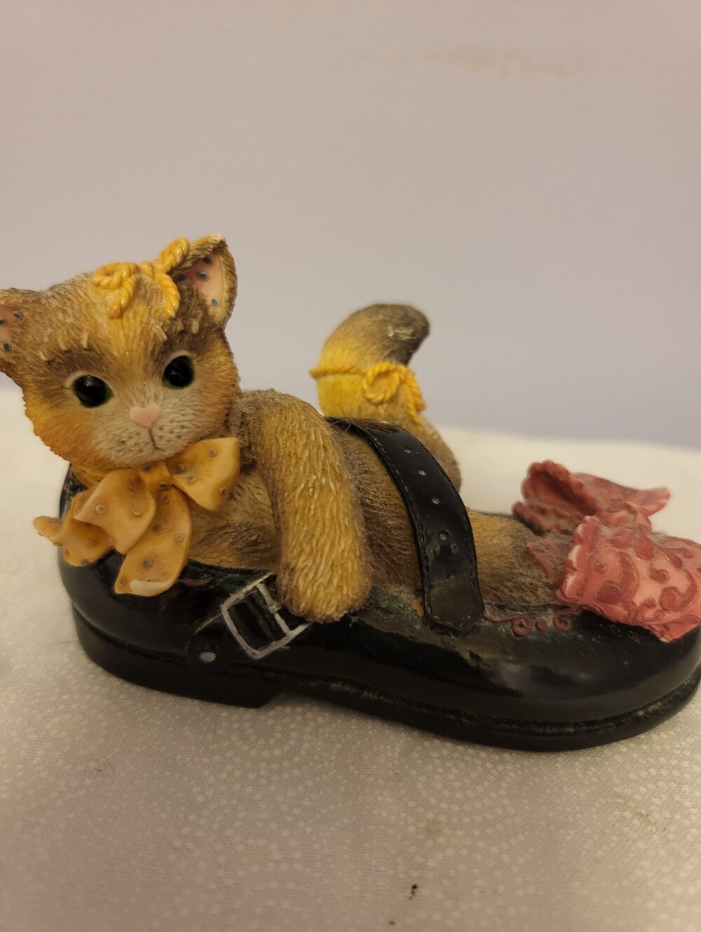 Decorative Yellow Kitten Figurine in Black Shoe - Cute Cat Decor